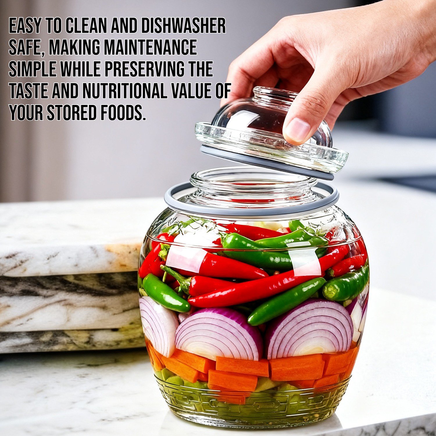 Household glass jar for kimchi fermentation and storage