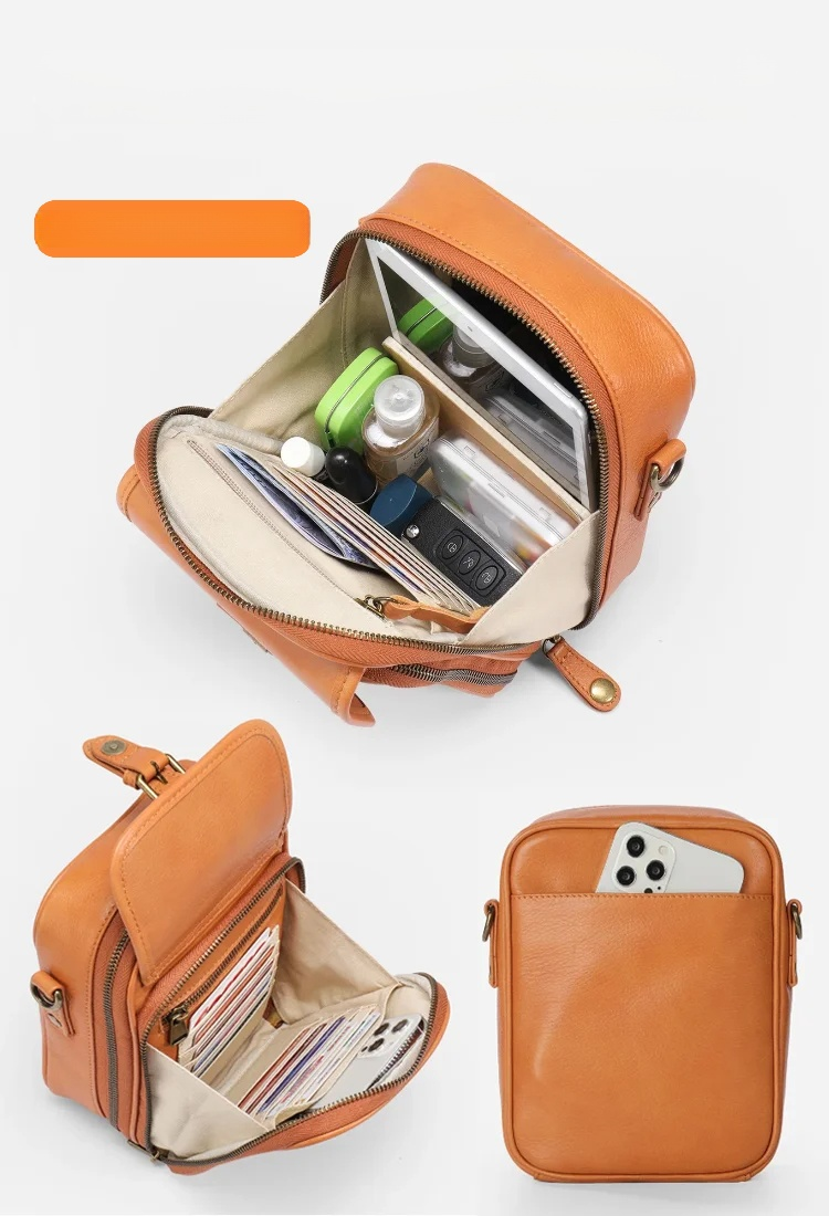 Retro Doppelte Schicht Große Kapazität Crossbody Tasche.Rfid-Abschirmung + Versteckte Tasche