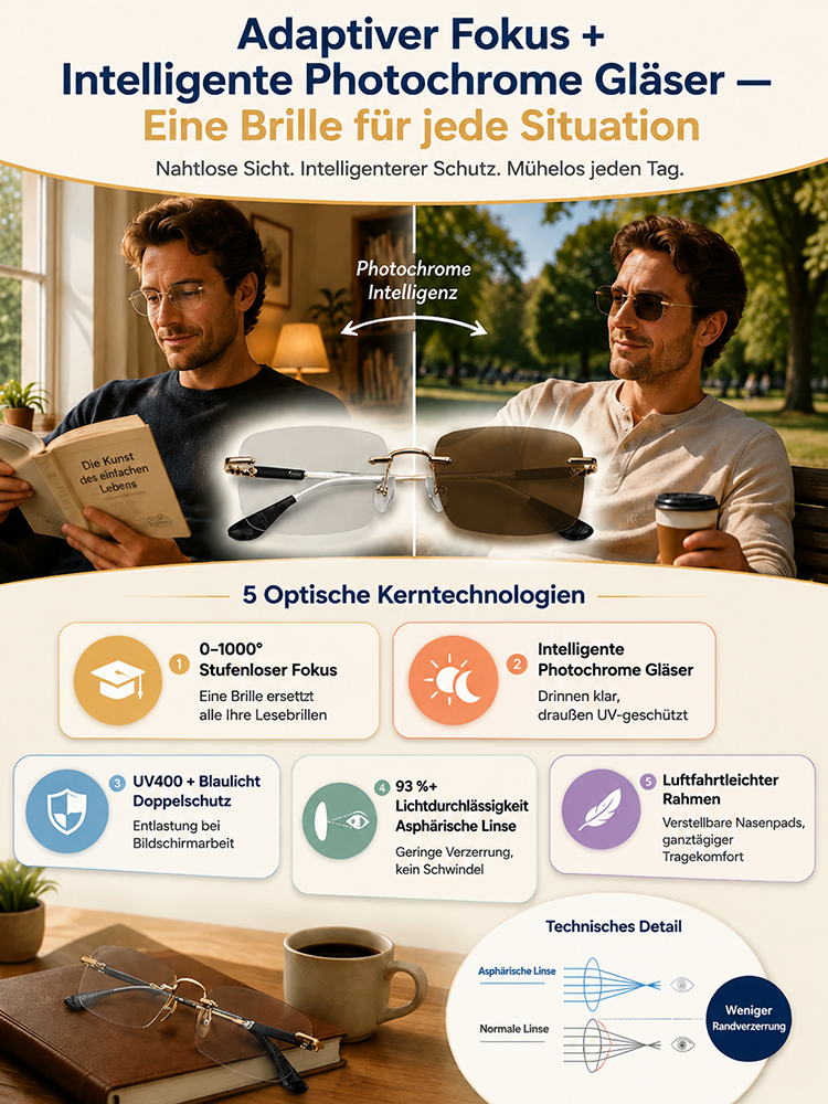 Sofort scharfe Sicht! Intelligente Autofokus-Brille, Blaulichtfilter in Innenräumen, verwandelt sich im Handumdrehen in eine Sonnenbrille im Freien