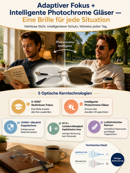 Sofort scharfe Sicht! Intelligente Autofokus-Brille, Blaulichtfilter in Innenräumen, verwandelt sich im Handumdrehen in eine Sonnenbrille im Freien