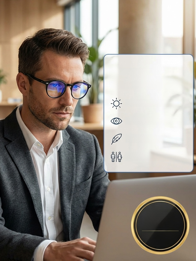 Blaulichtfilter-Brille mit Autofokus für Nah- und Fernsicht.