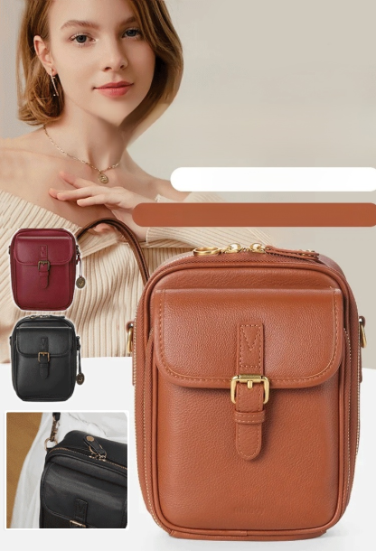 Retro Doppelte Schicht Große Kapazität Crossbody Tasche.Rfid-Abschirmung + Versteckte Tasche