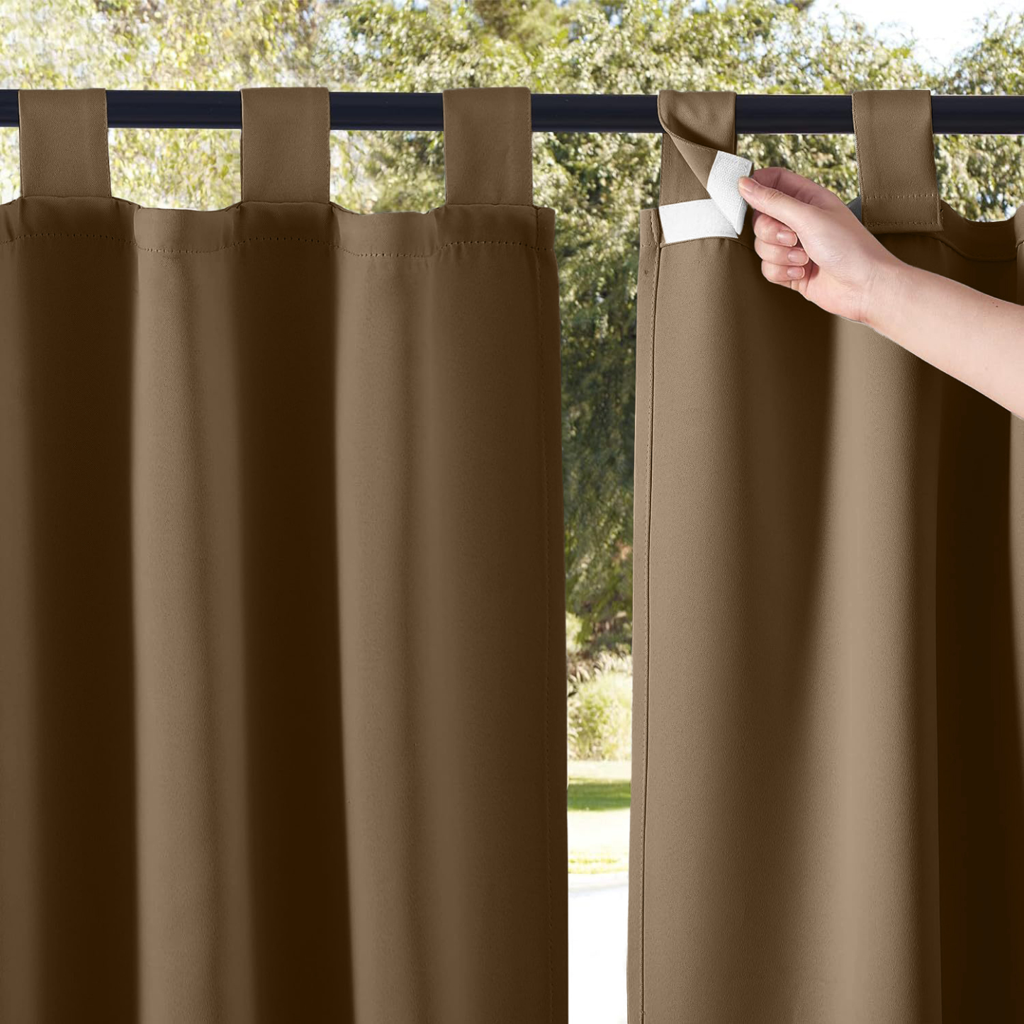 Beans Lands Waterproof Outdoor Curtains For Patio Light Coffee Velcro Tab Top Customizable Size 1 Panel