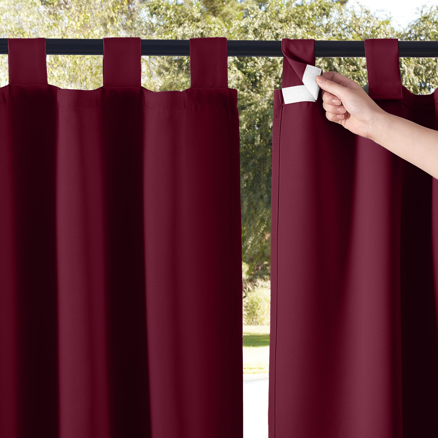 Beans Lands Waterproof Outdoor Curtains For Patio Wine Red Velcro Tab Top Customizable Size 1 Panel