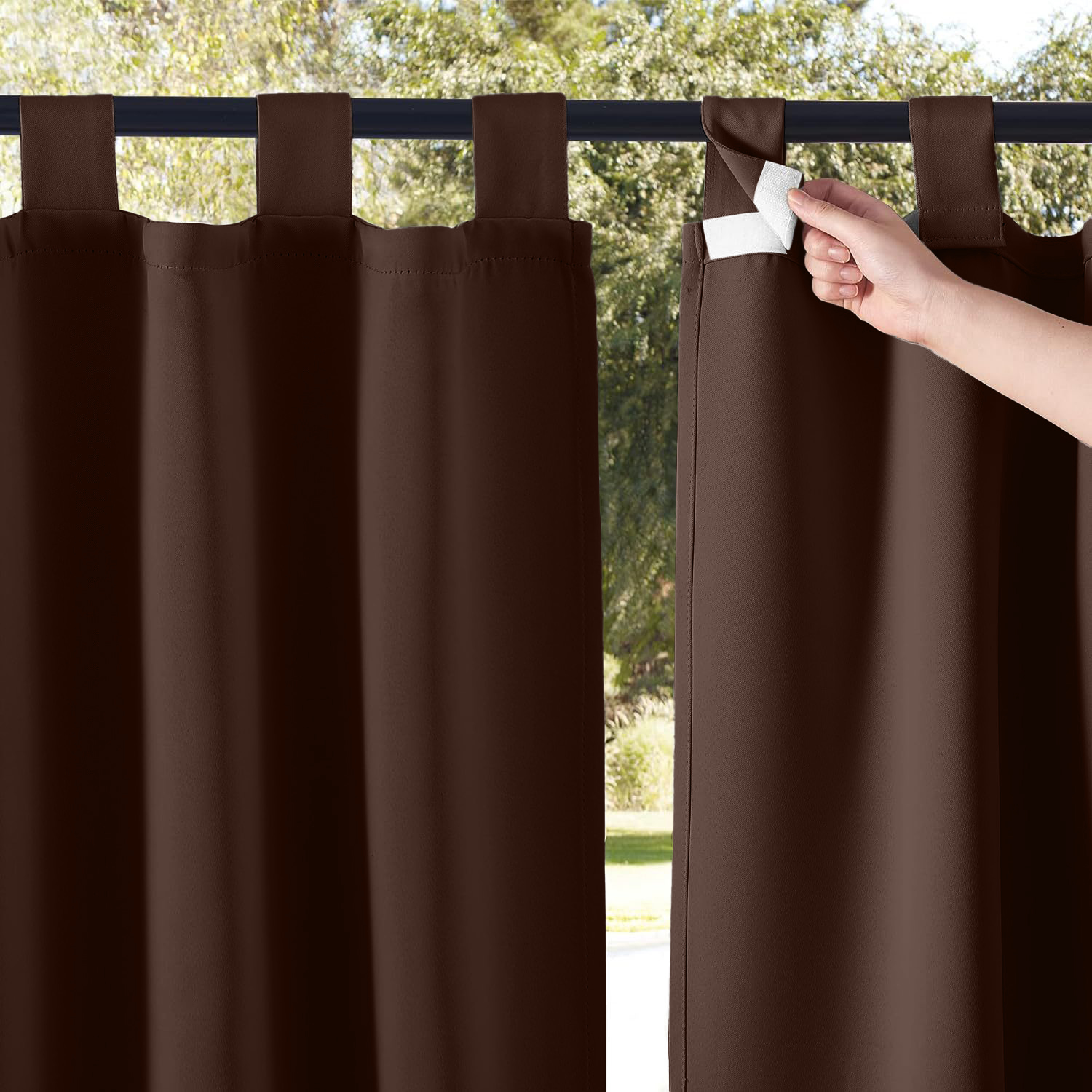 Beans Lands Waterproof Outdoor Curtains For Patio Dark Coffee Velcro Tab Top Customizable Size 1 Panel