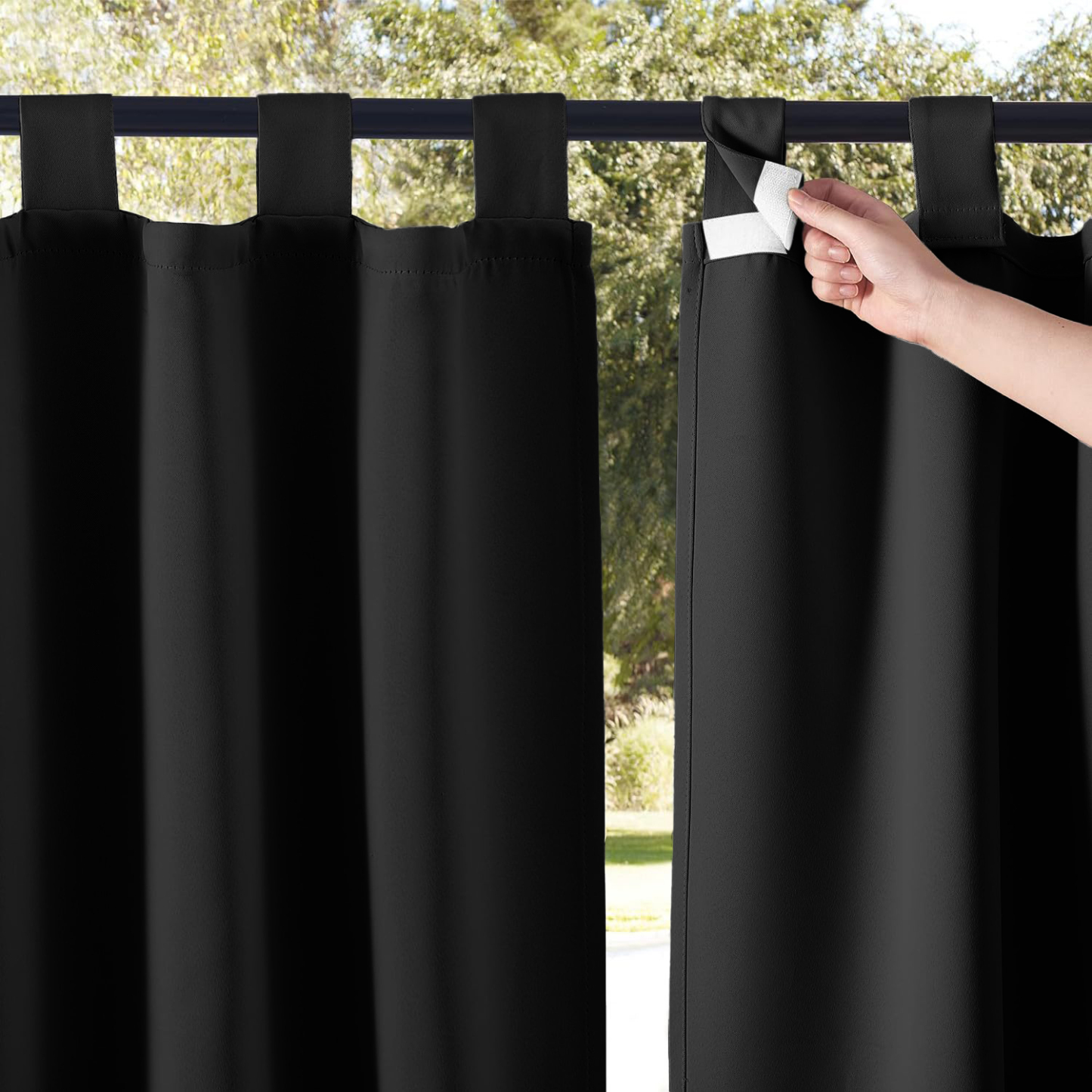 Beans Lands Waterproof Outdoor Curtains For Patio Black Velcro Tab Top Customizable Size 1 Panel
