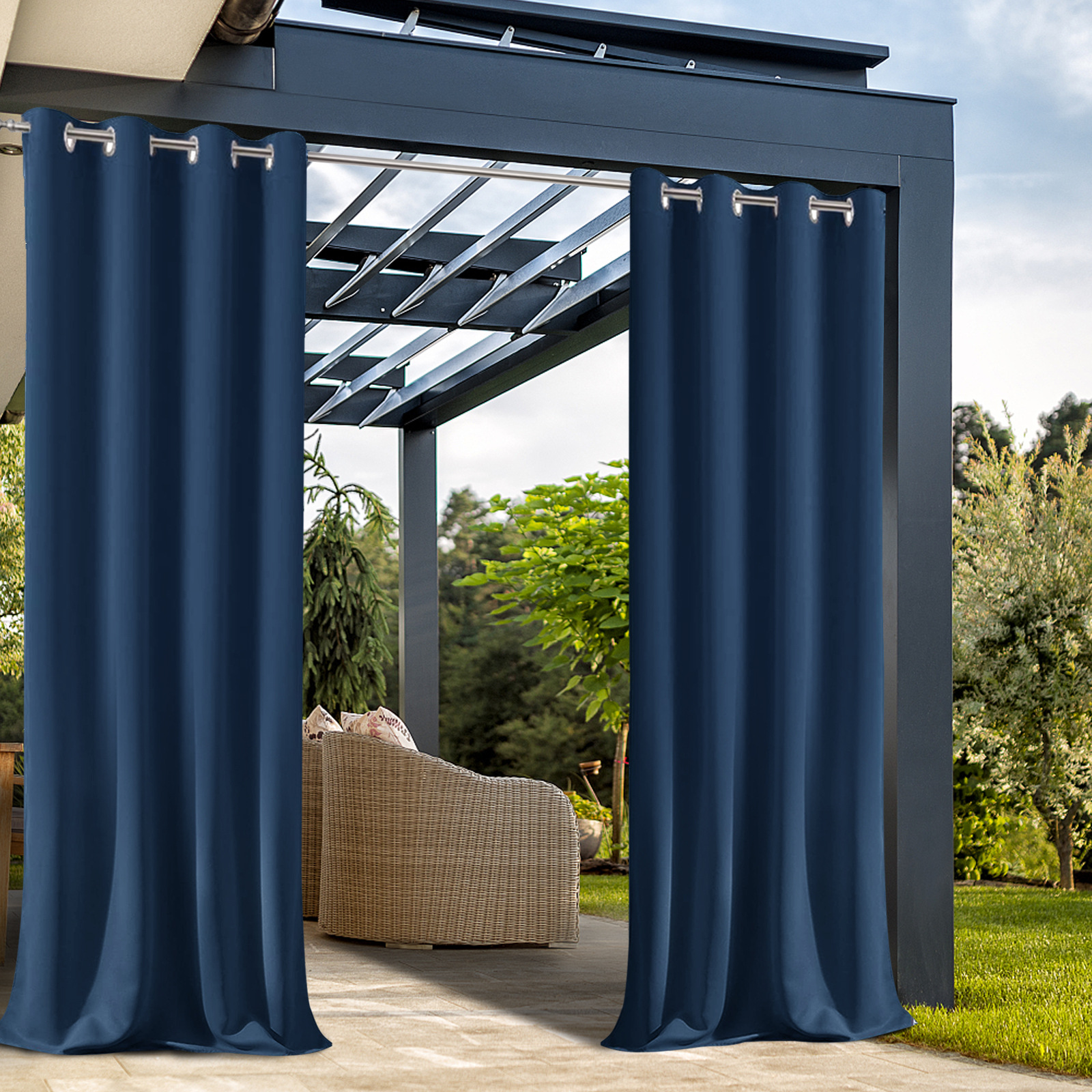 Beans Lands Waterproof Outdoor Curtains For Patio Navy Blue Grommet Top Customizable Size 1 Panel