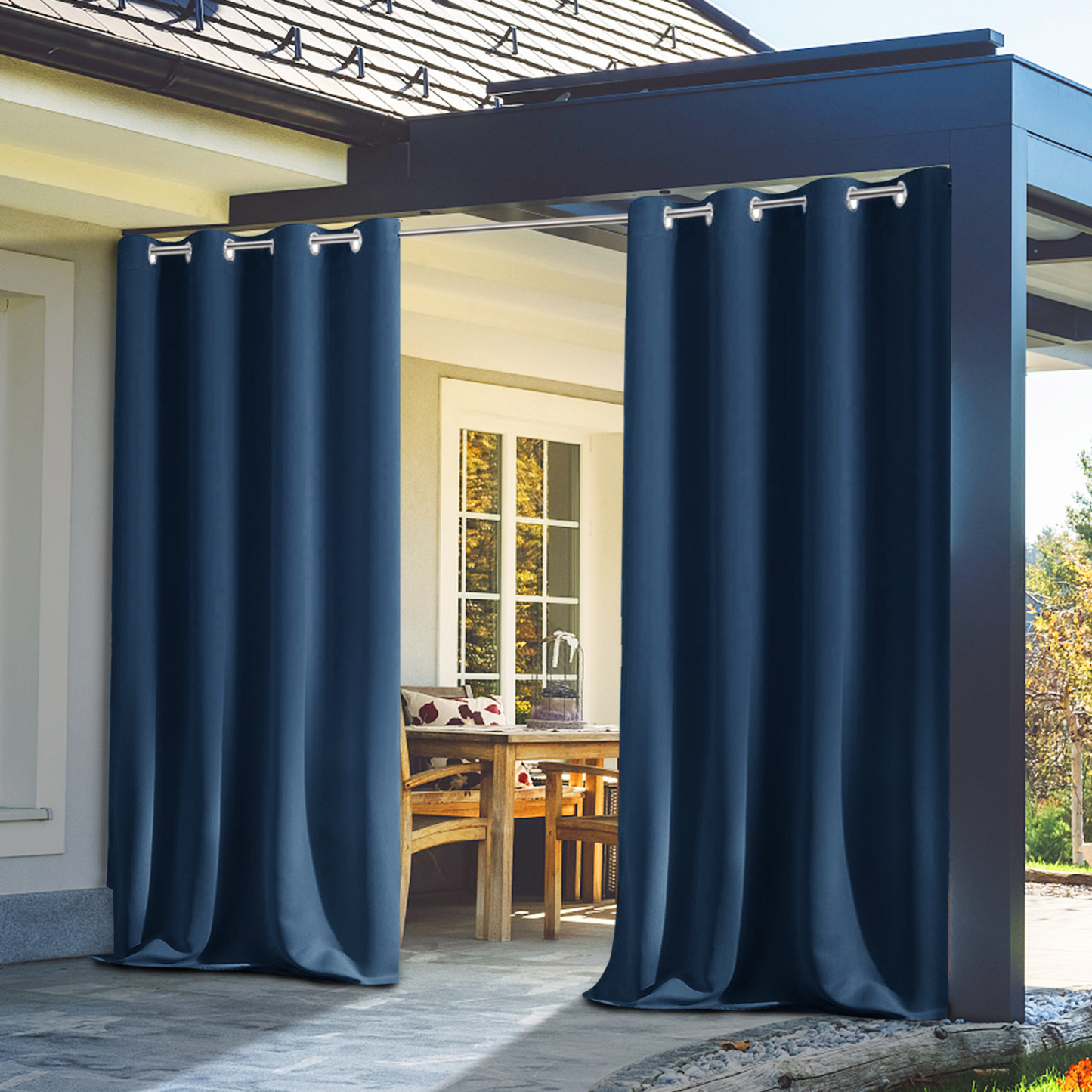 Beans Lands Waterproof Outdoor Curtains For Patio Navy Blue Grommet Top Customizable Size 1 Panel