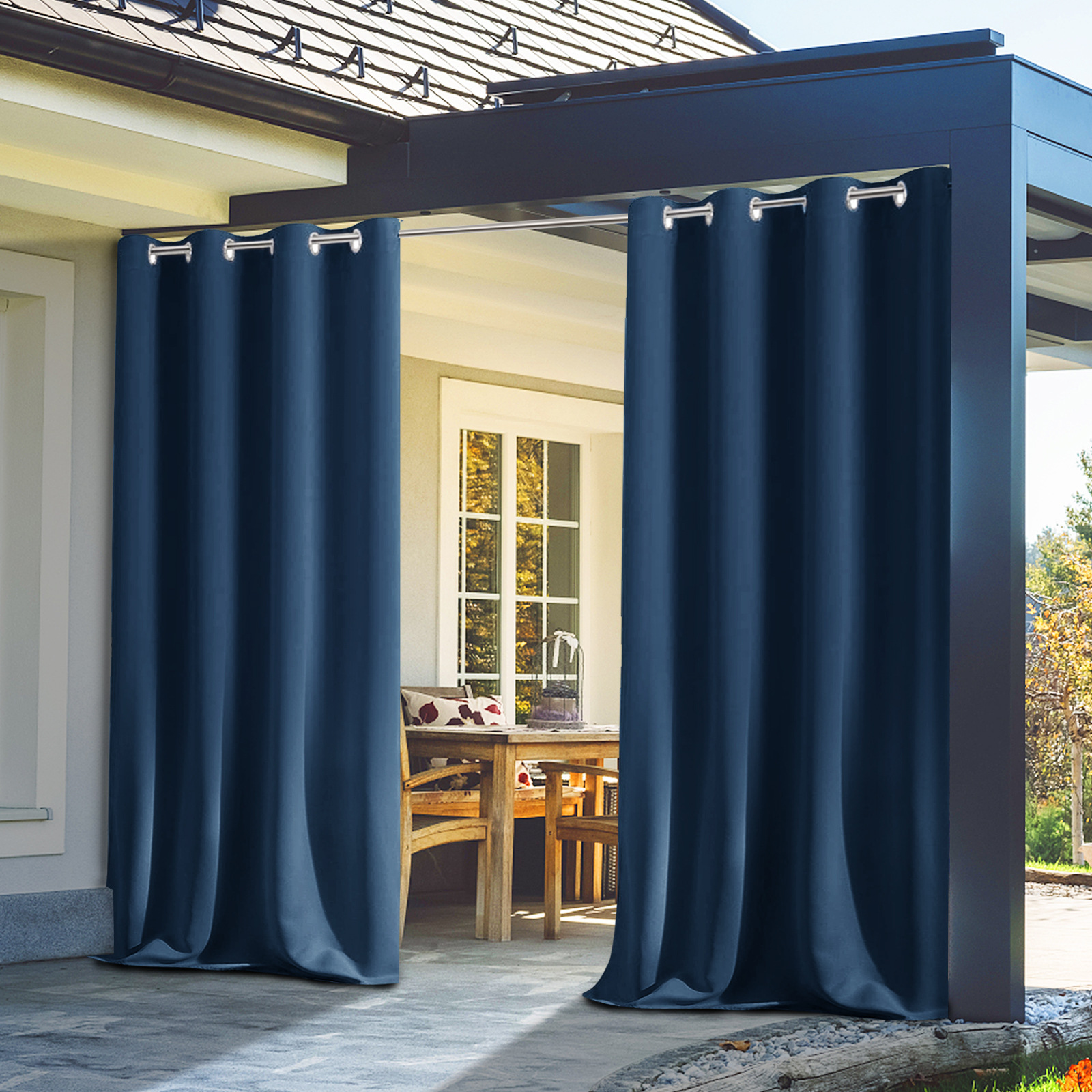 Beans Lands Waterproof Outdoor Curtains For Patio Navy Blue Grommet Top Customizable Size 1 Panel