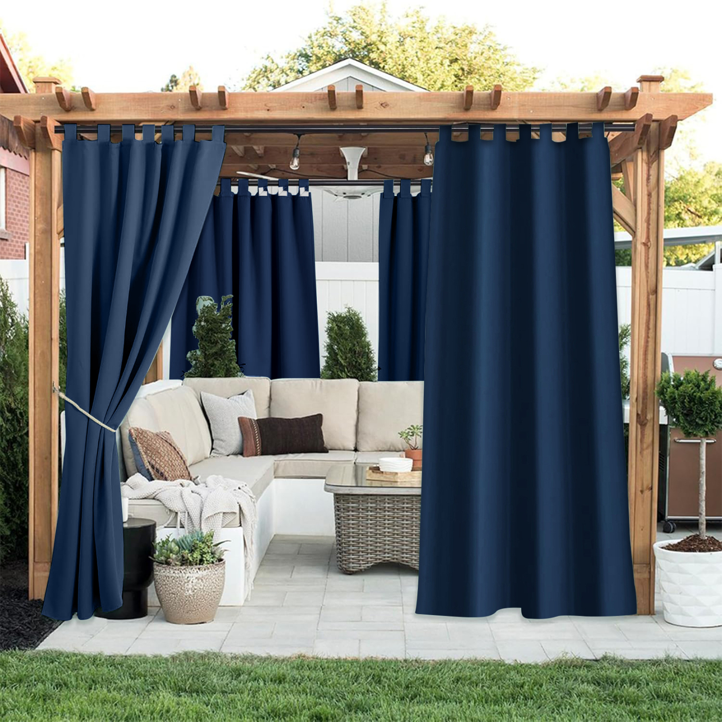 Beans Lands Waterproof Outdoor Curtains For Patio Navy Blue Velcro Tab