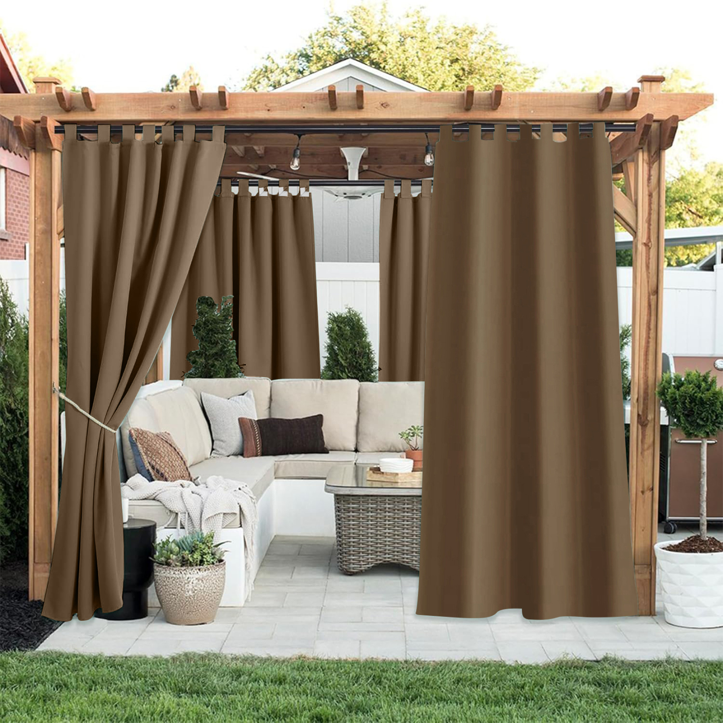 Beans Lands Waterproof Outdoor Curtains For Patio Light Coffee Velcro 