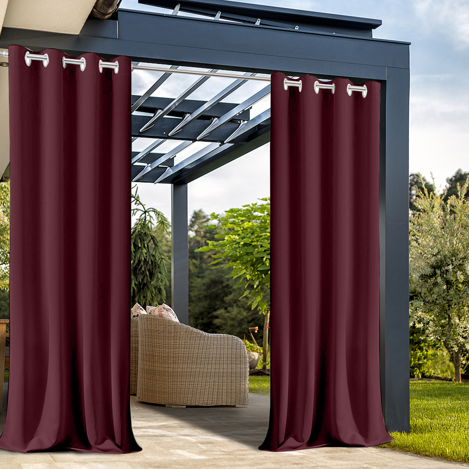 Beans Lands Waterproof Outdoor Curtains For Patio Wine Red Grommet Top