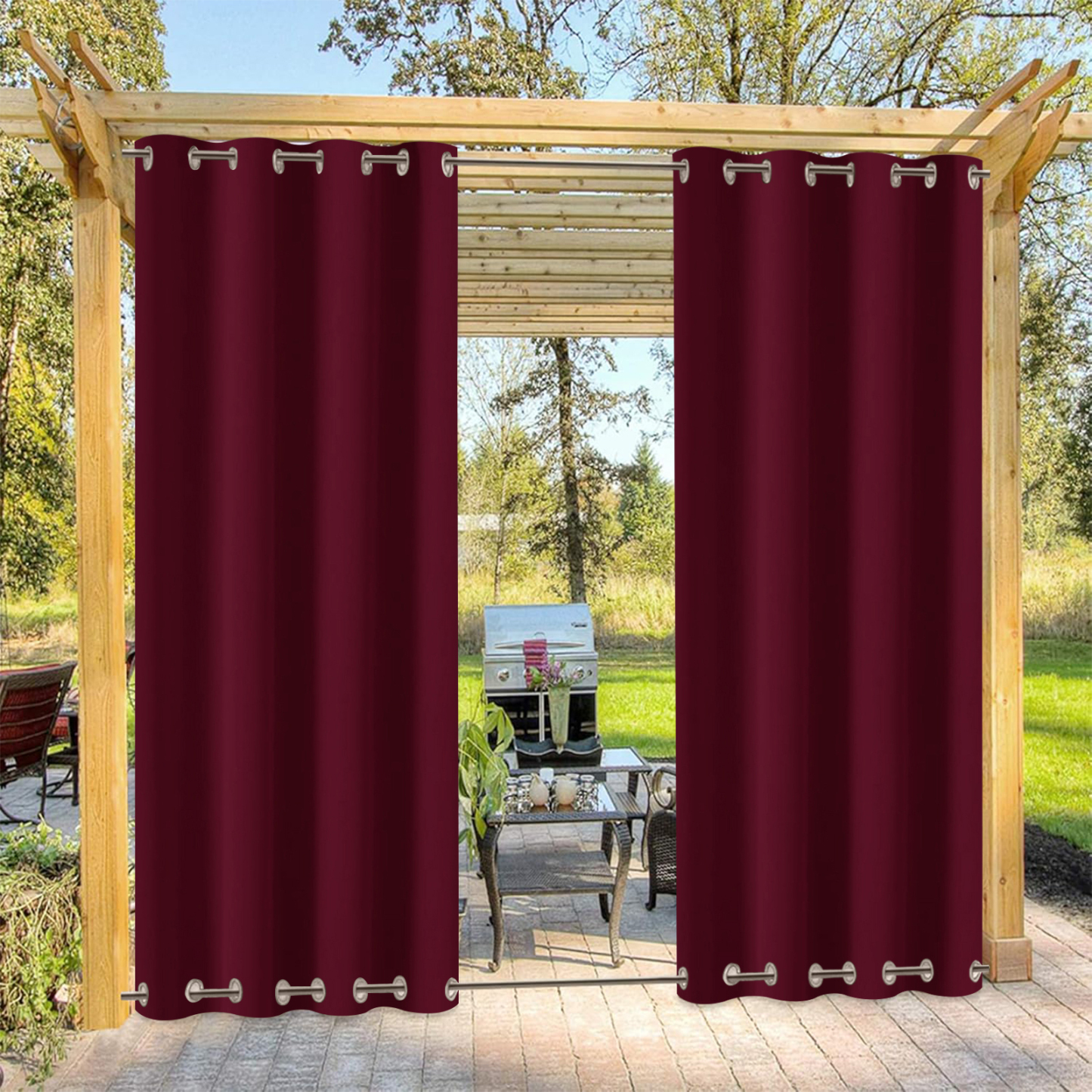 Beans Lands Waterproof Outdoor Curtains For Patio Wine Red Grommet Top