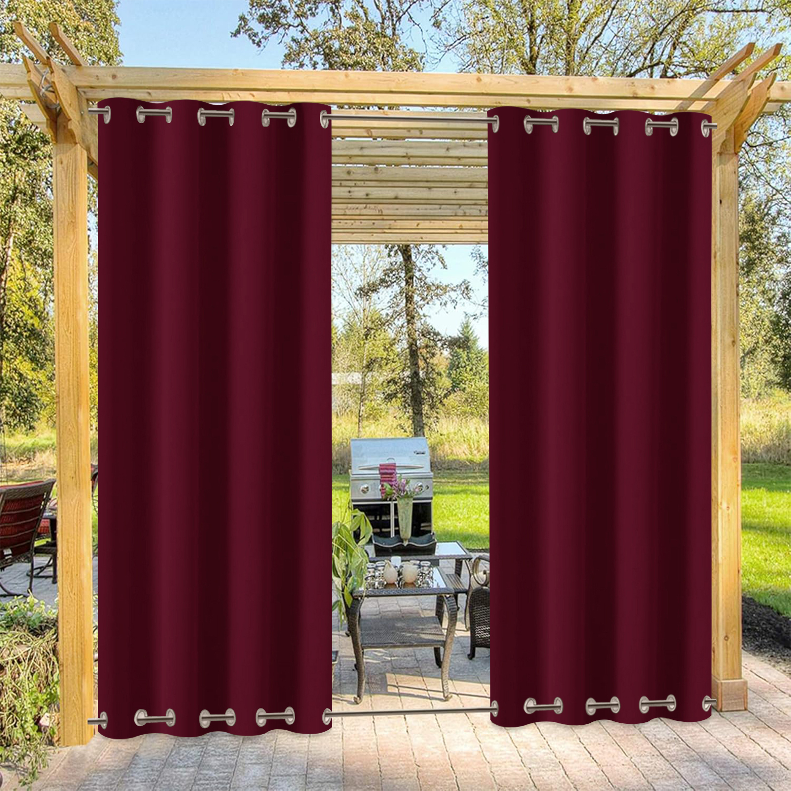 Beans Lands Waterproof Outdoor Curtains For Patio Wine Red Grommet Top