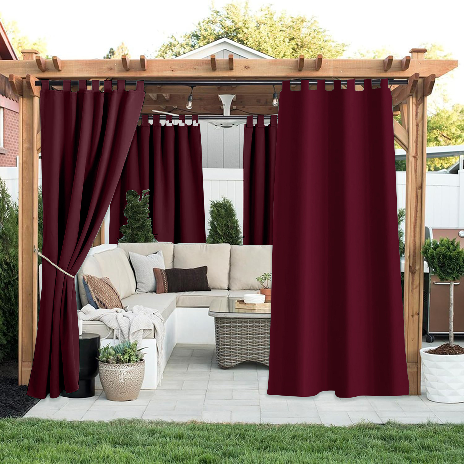 Beans Lands Waterproof Outdoor Curtains For Patio Wine Red Velcro Tab Top Customizable Size 1 Panel