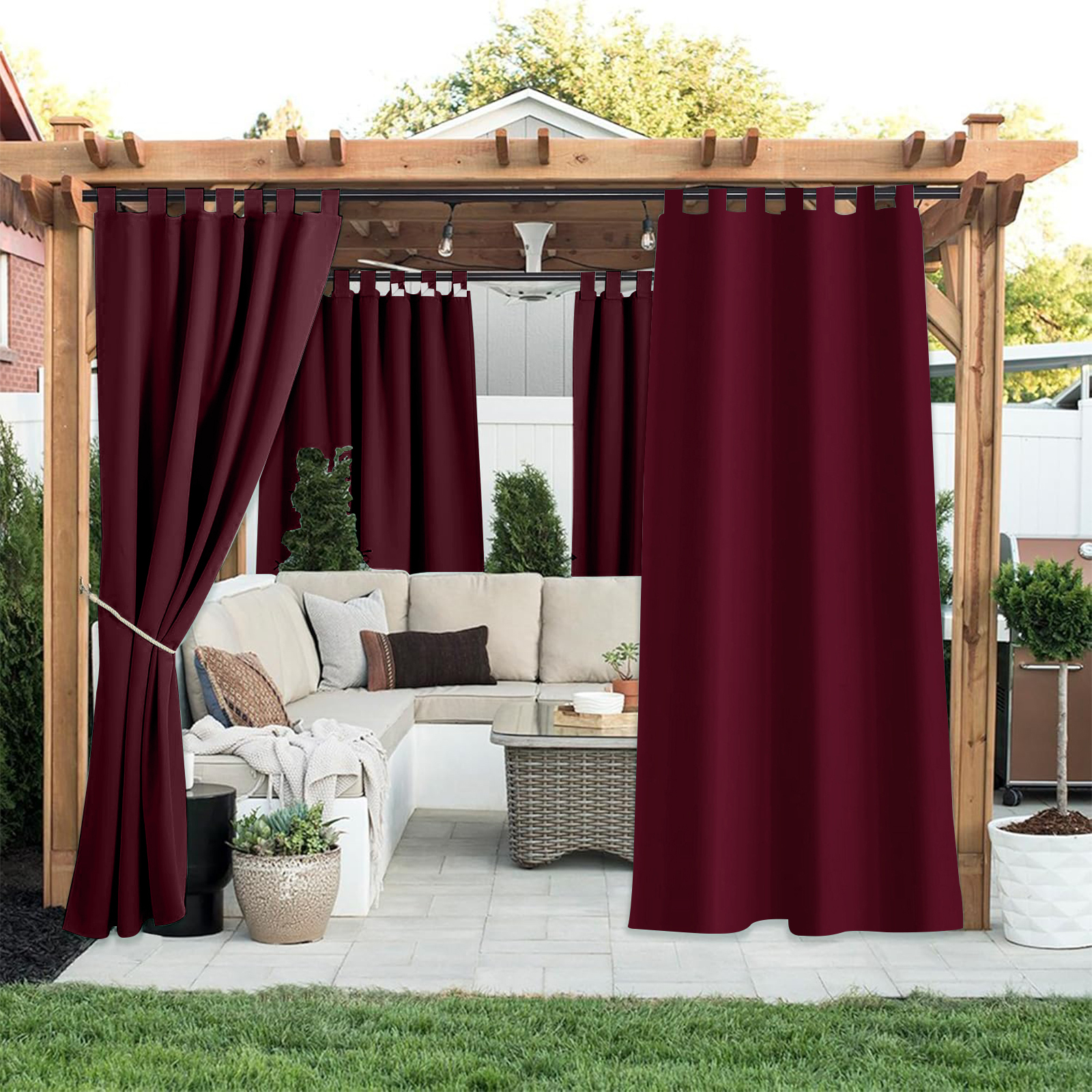 Beans Lands Waterproof Outdoor Curtains For Patio Wine Red Velcro Tab 