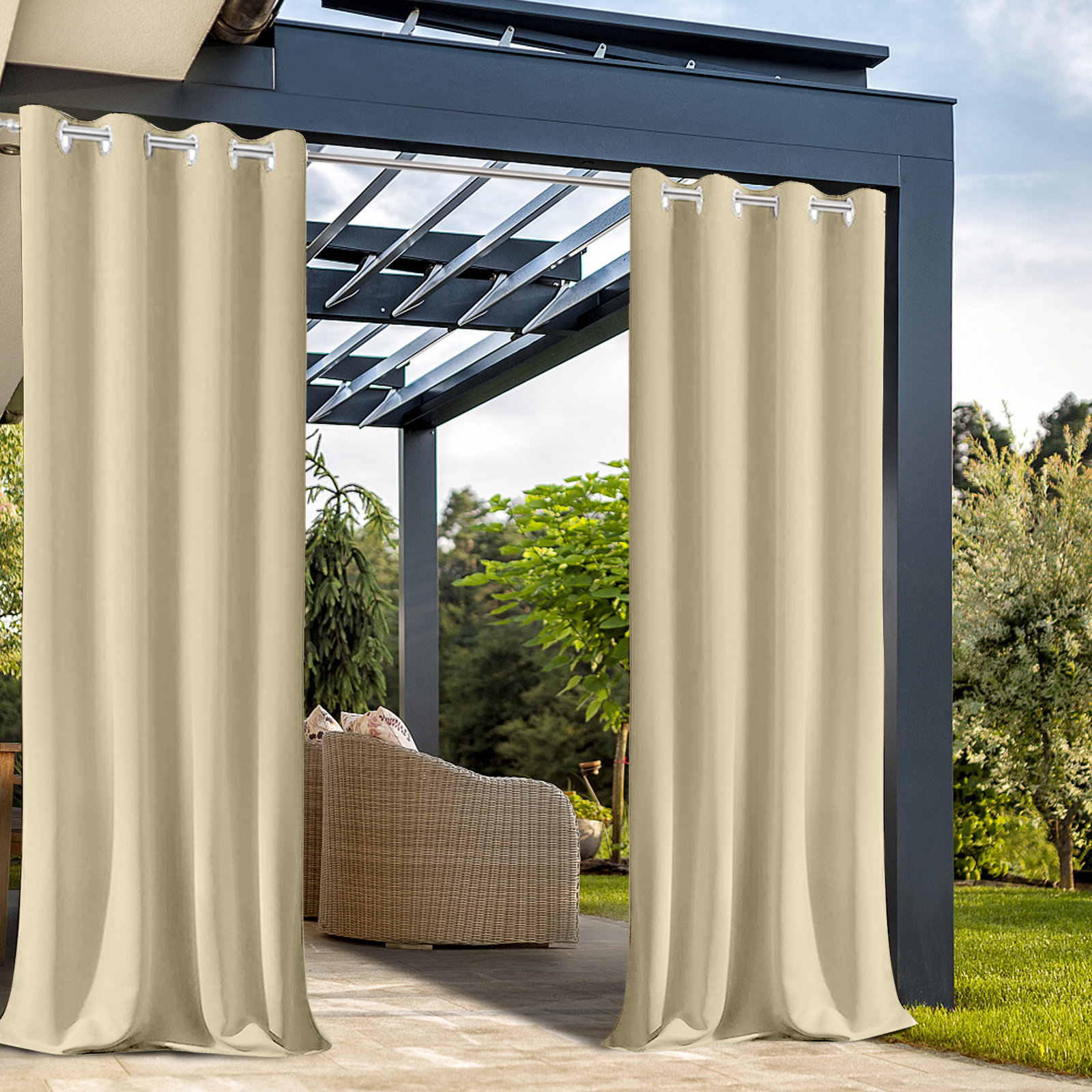 Beans Lands Waterproof Outdoor Curtains For Patio Dark Beige Grommet T