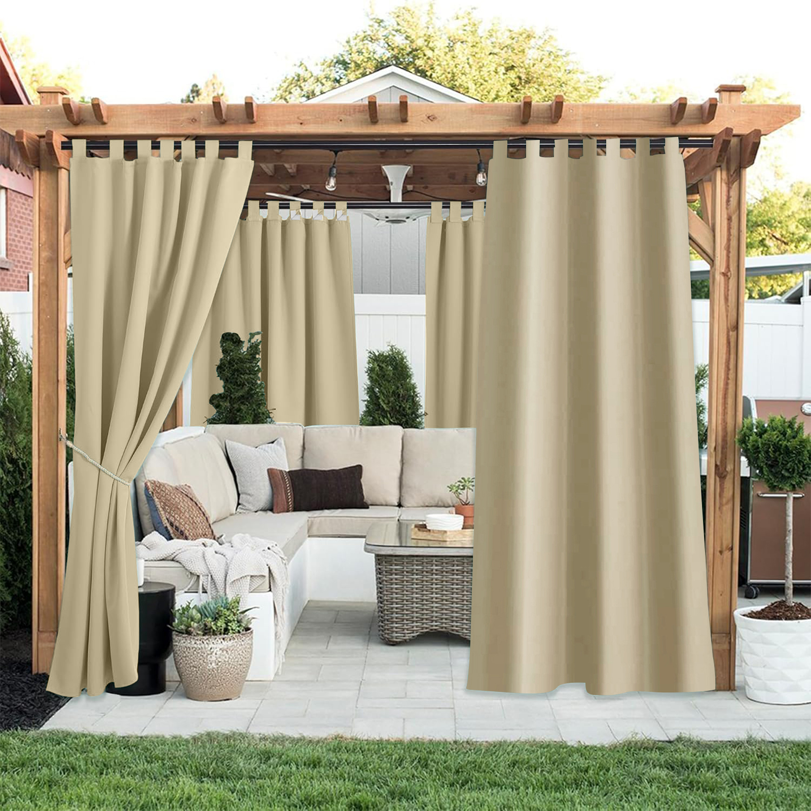 Beans Lands Waterproof Outdoor Curtains For Patio Dark Beige Velcro Tab Top Customizable Size 1 Panel