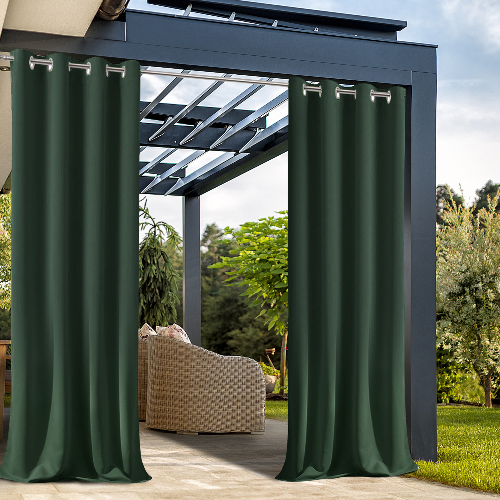 Beans Lands Waterproof Outdoor Curtains For Patio Dark Green Grommet T