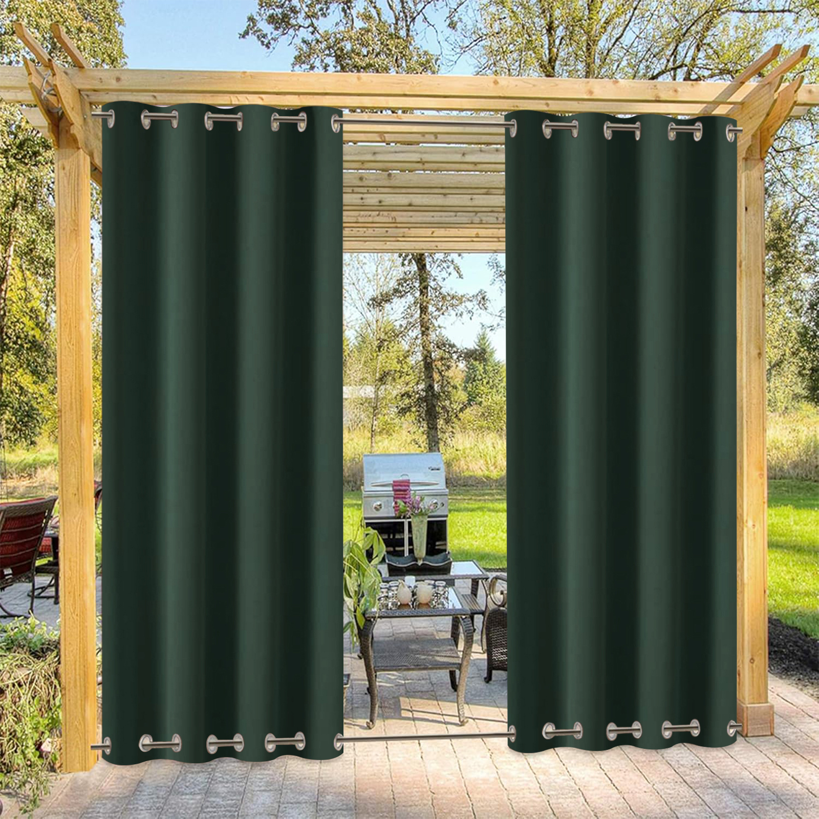 Beans Lands Waterproof Outdoor Curtains For Patio Dark Green Grommet Top & Bottom Customizable Size 1 Panel