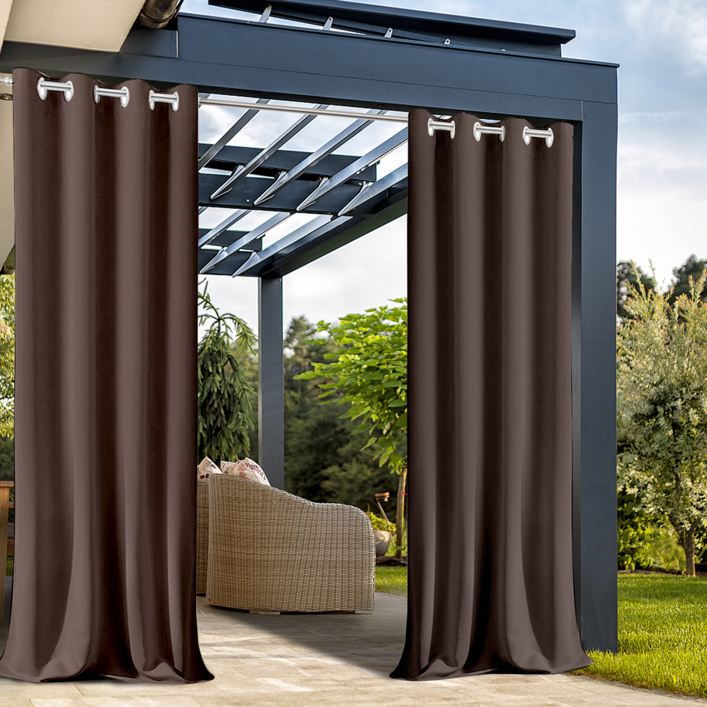 Beans Lands Waterproof Outdoor Curtains For Patio Dark Coffee Grommet 