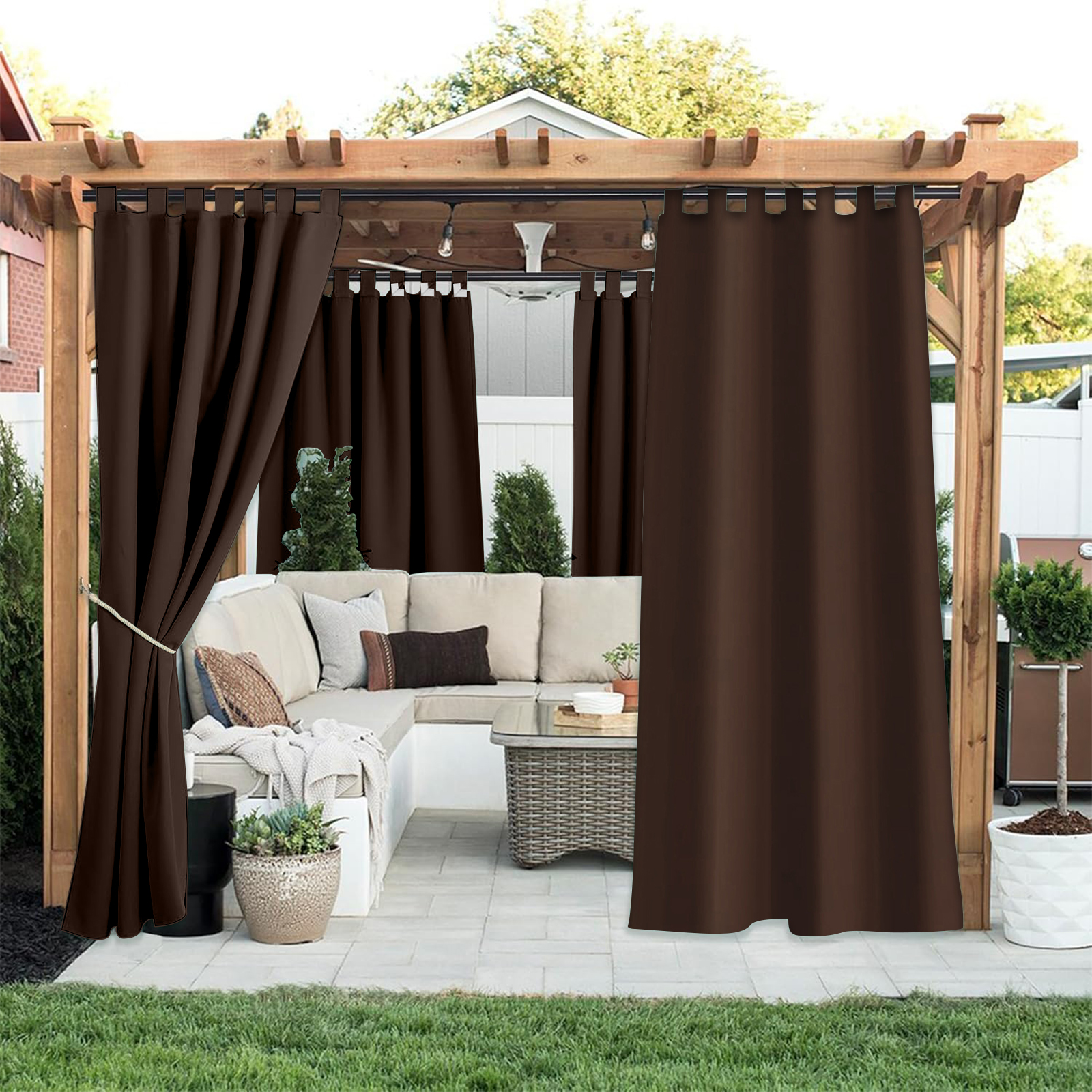 Beans Lands Waterproof Outdoor Curtains For Patio Dark Coffee Velcro Tab Top Customizable Size 1 Panel
