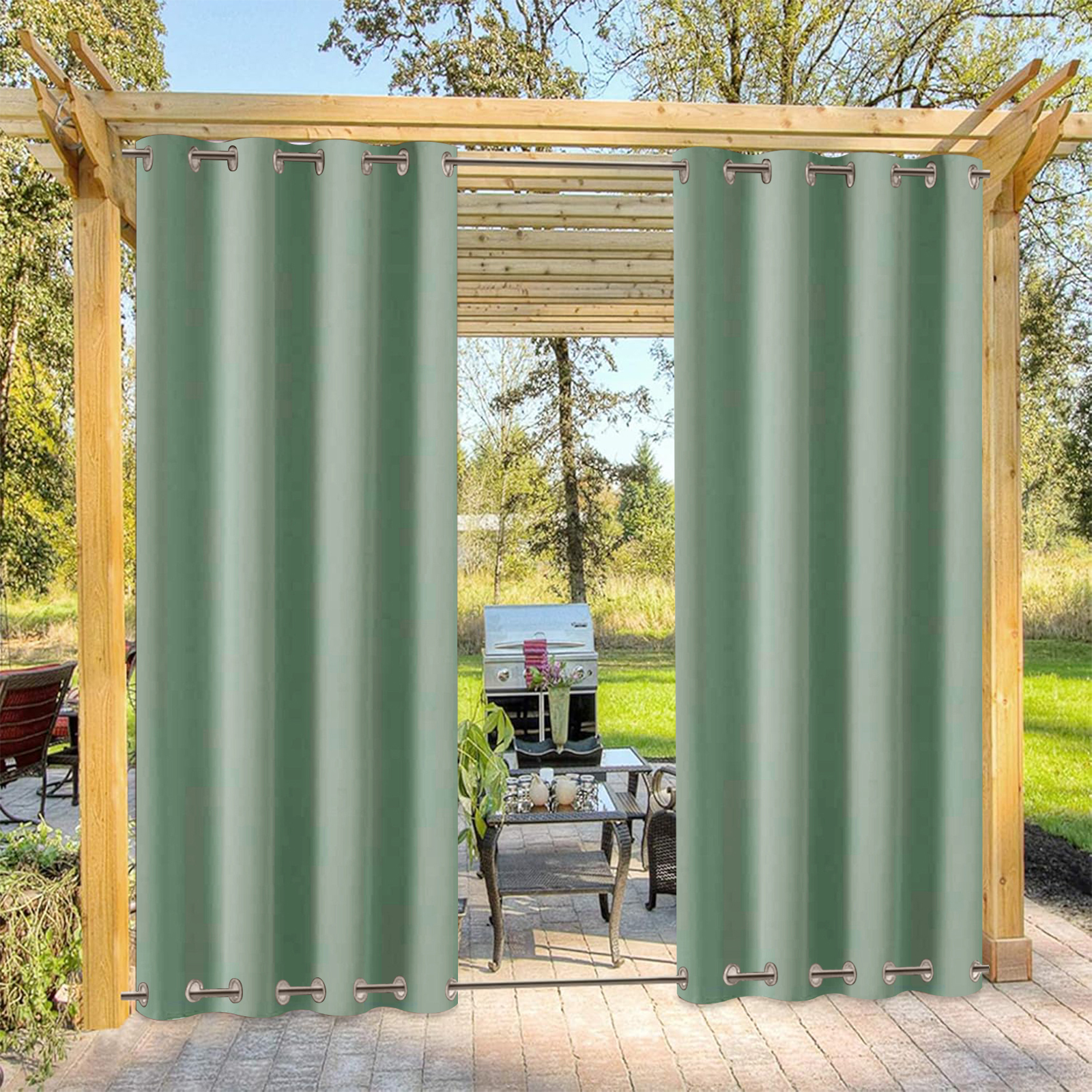 Beans Lands Waterproof Outdoor Curtains For Patio Green Grommet Top & Bottom Customizable Size 1 Panel