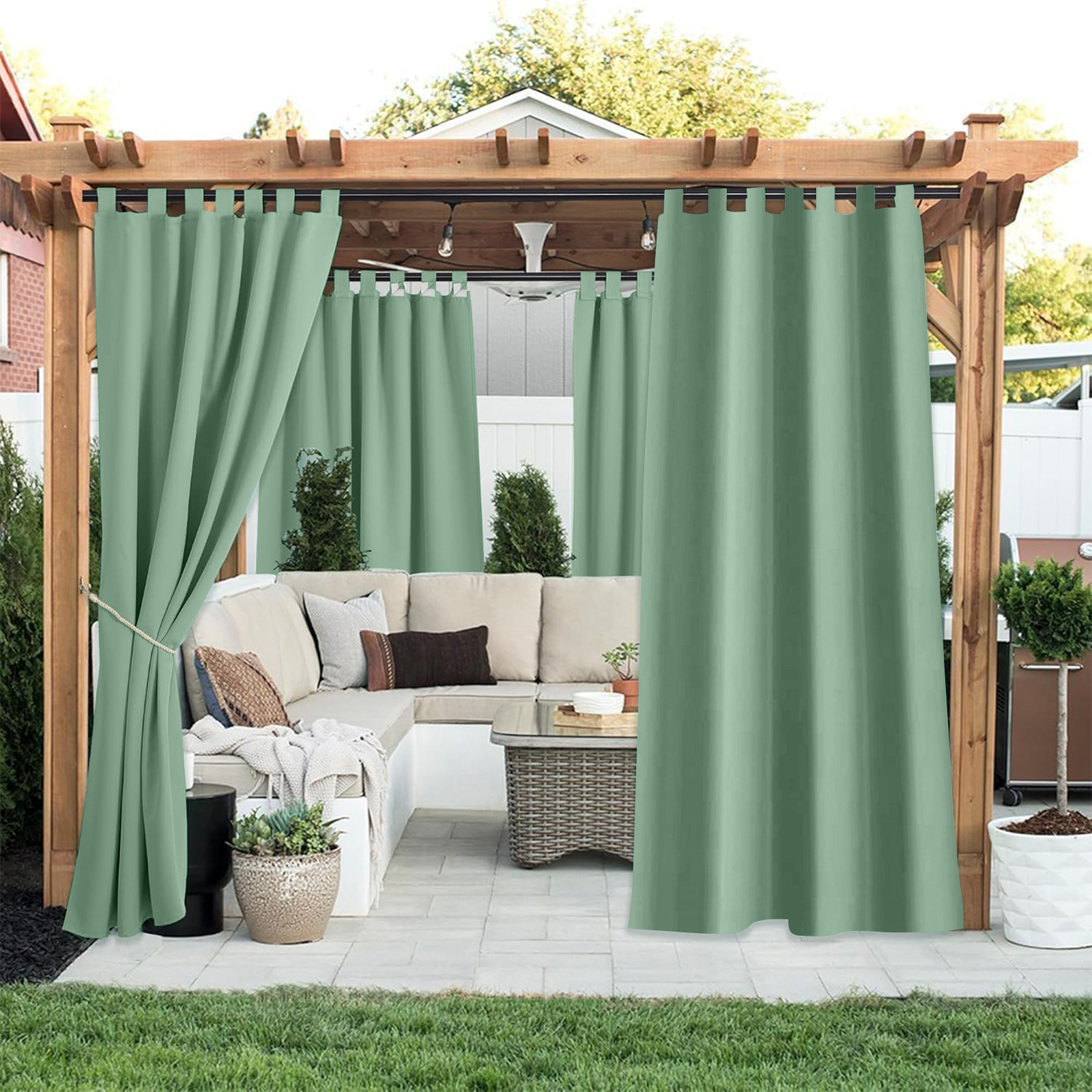 Beans Lands Waterproof Outdoor Curtains For Patio Green Velcro Tab Top Customizable Size 1 Panel