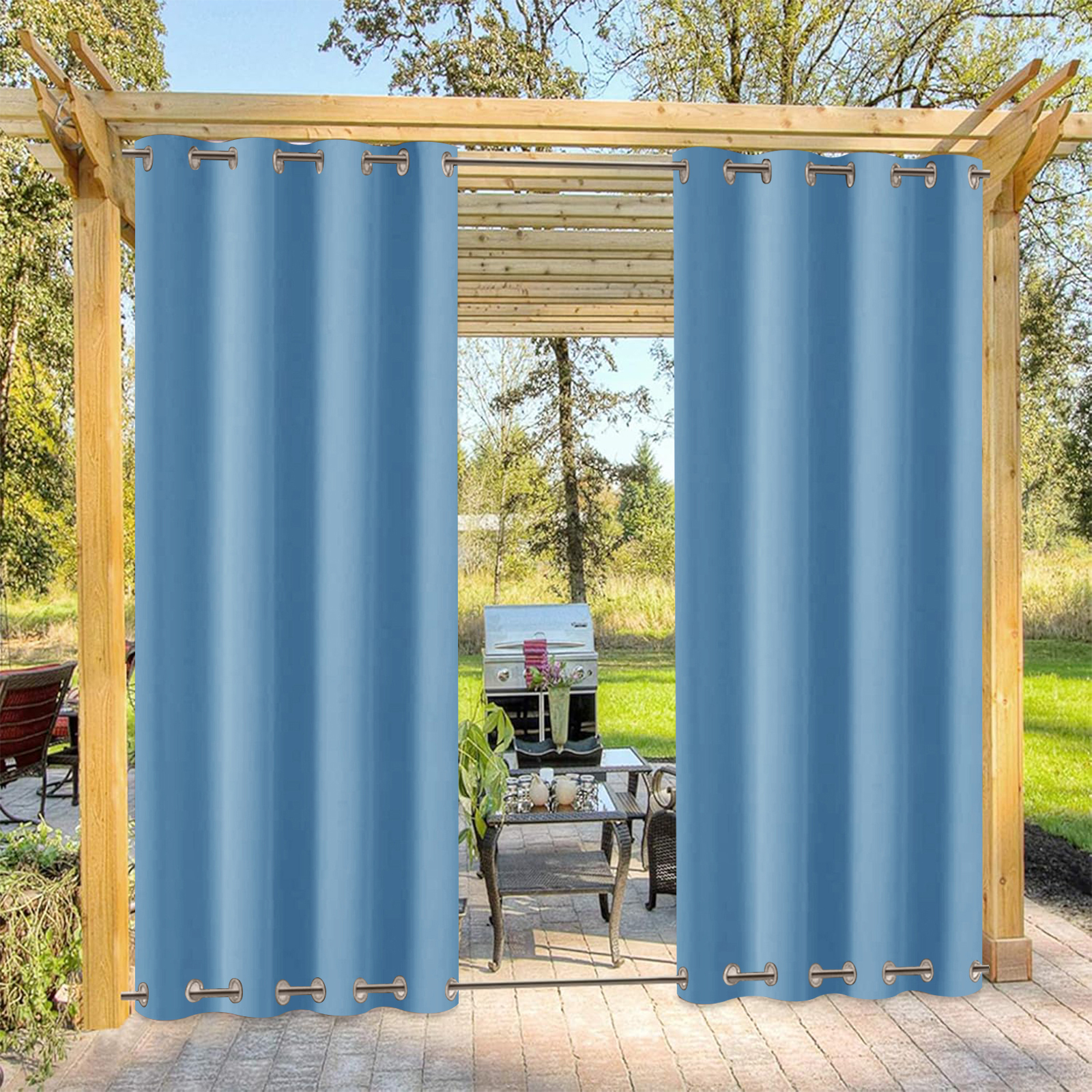 Beans Lands Waterproof Outdoor Curtains For Patio Blue Grommet Top & Bottom Customizable Size 1 Panel