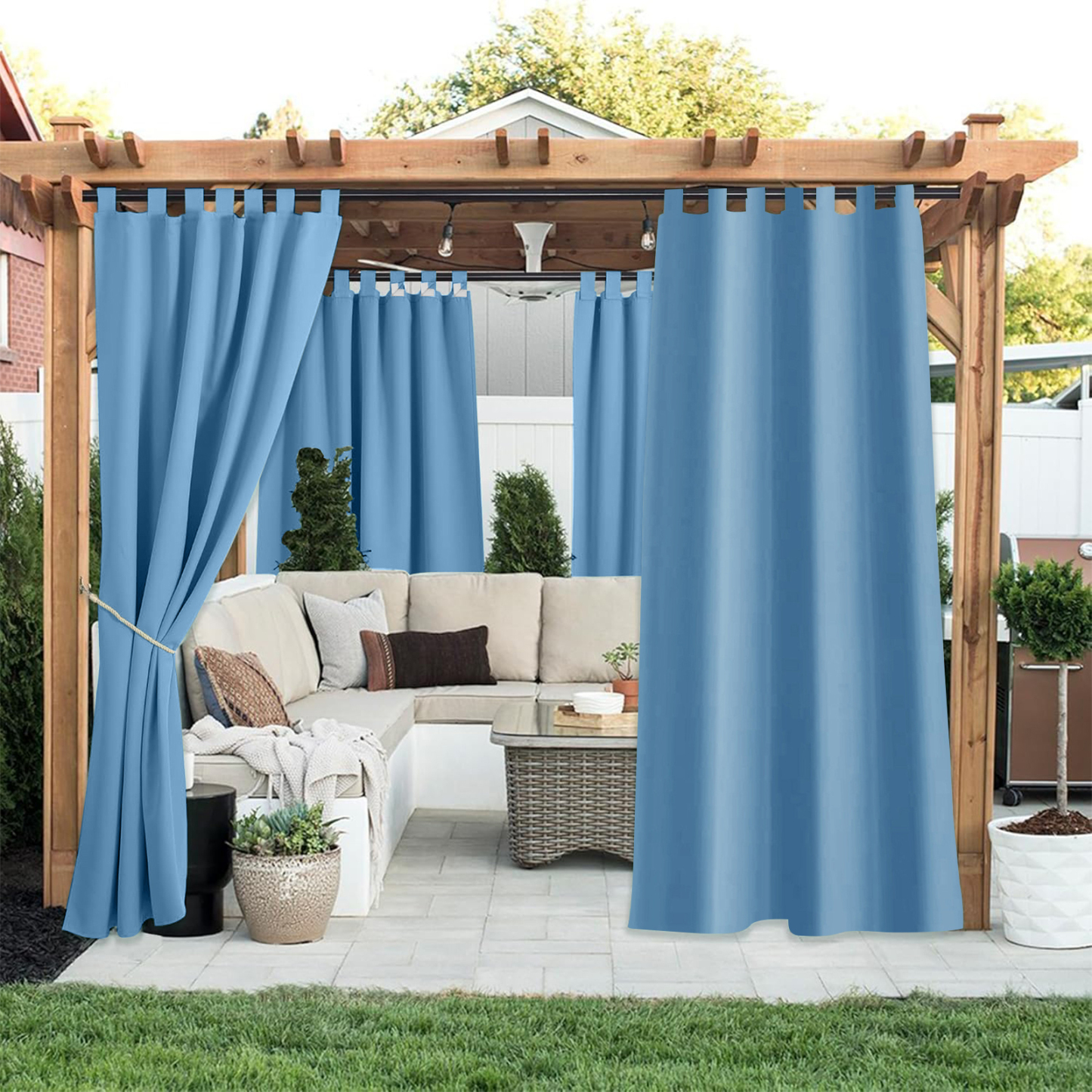 Beans Lands Waterproof Outdoor Curtains For Patio Blue Velcro Tab Top 