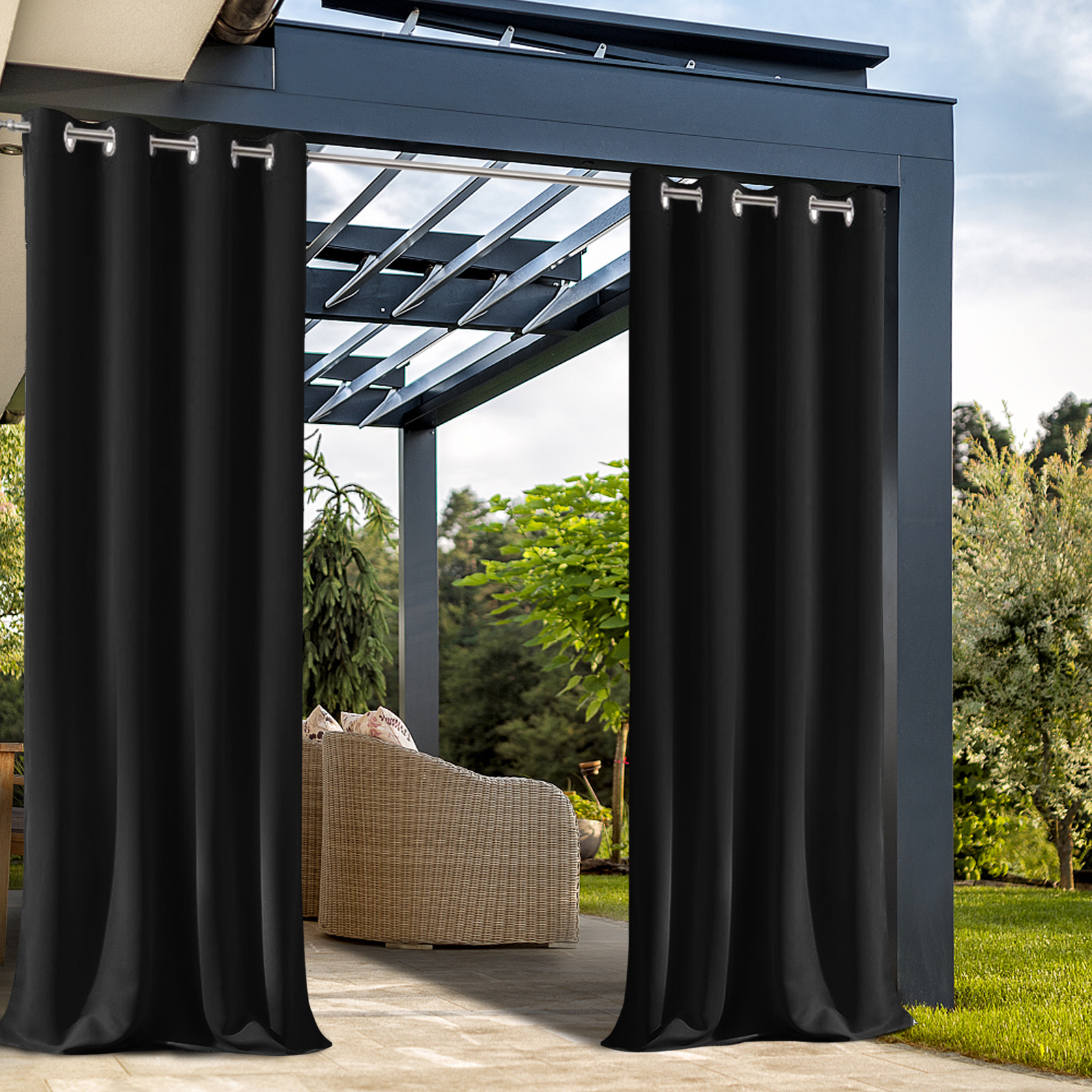Beans Lands Waterproof Outdoor Curtains For Patio Black Grommet Top Customizable Size 1 Panel