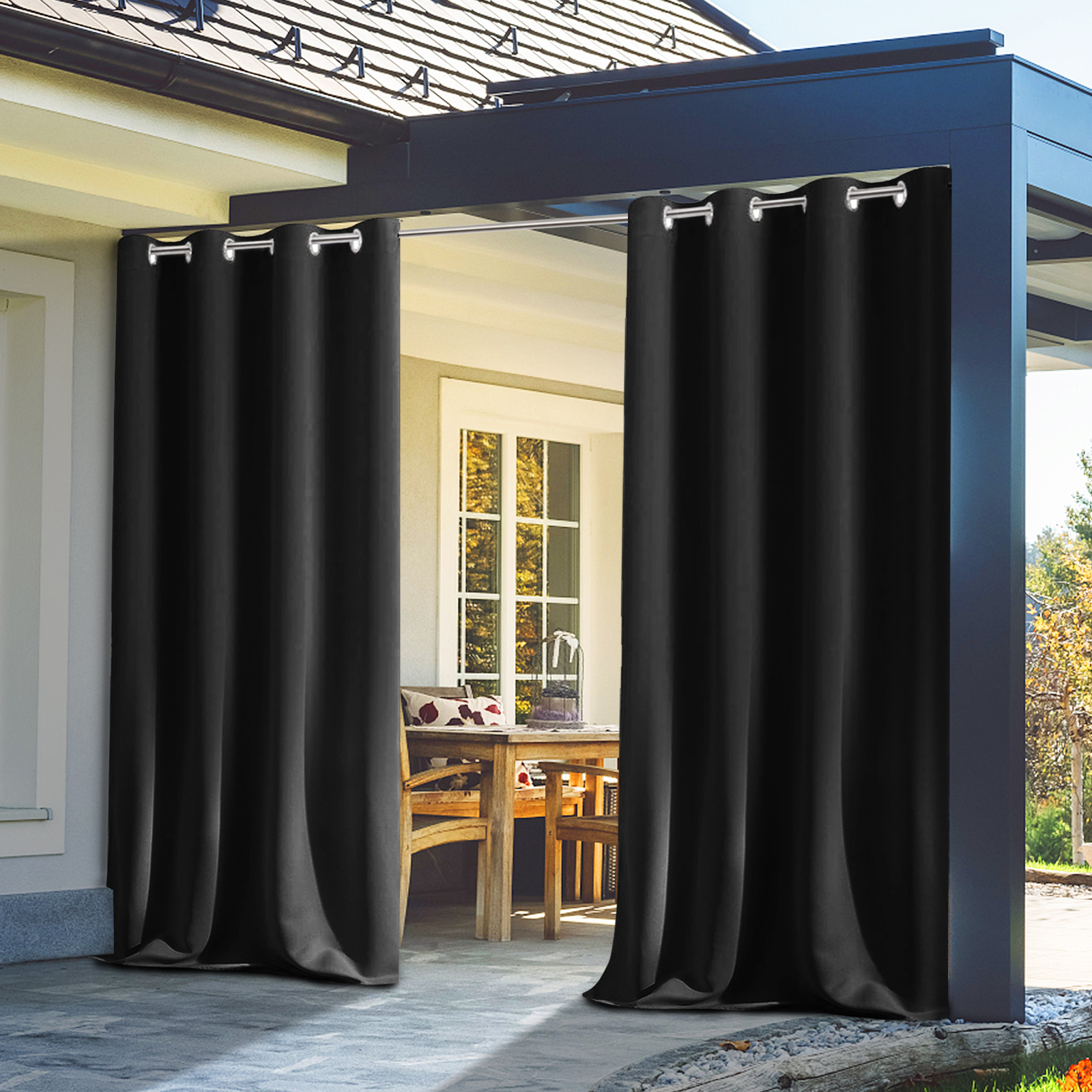 Beans Lands Waterproof Outdoor Curtains For Patio Black Grommet Top Customizable Size 1 Panel