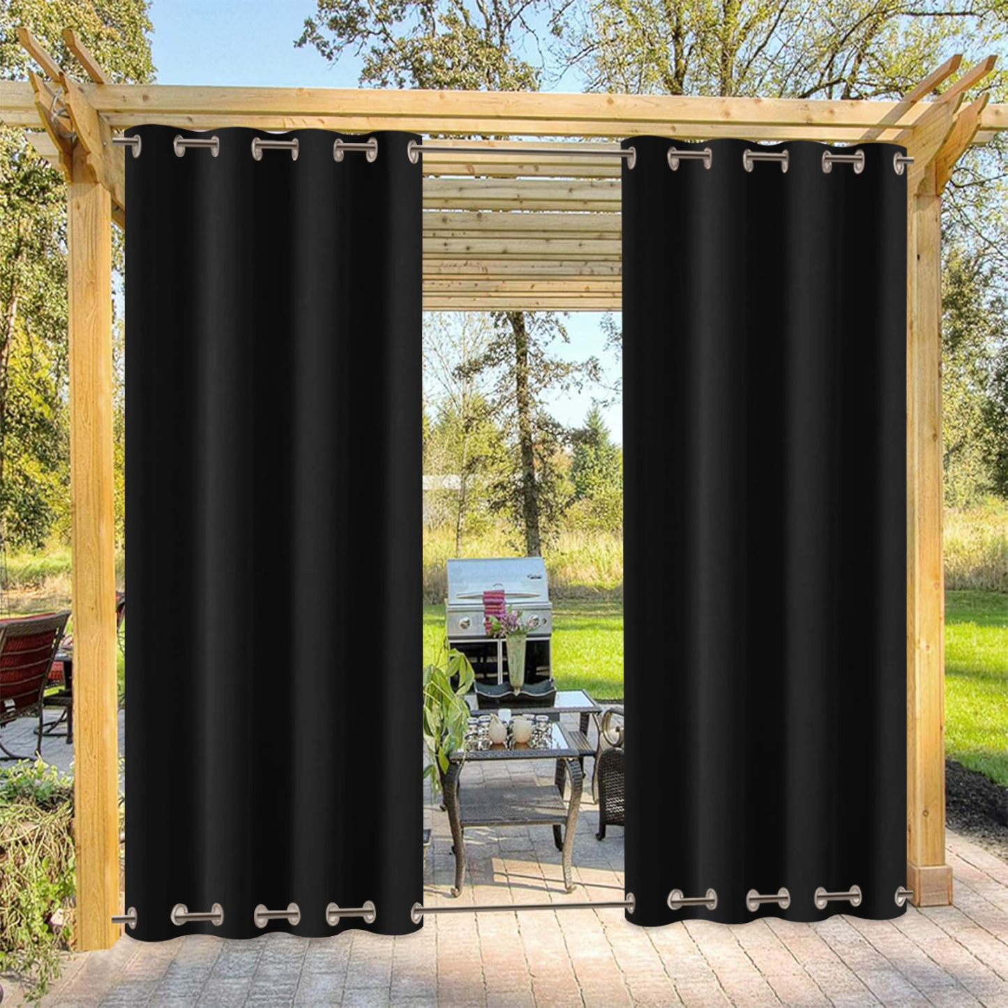 Beans Lands Waterproof Outdoor Curtains For Patio Black Grommet Top & 
