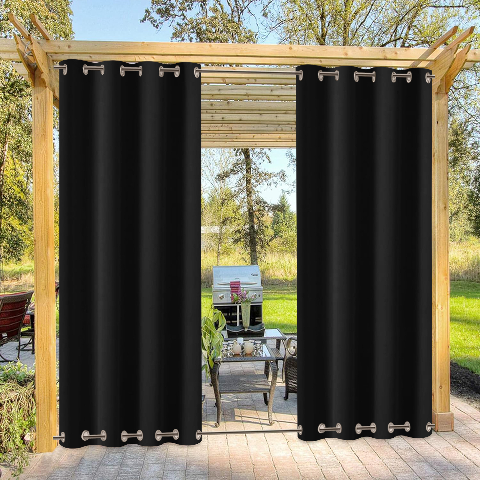 Beans Lands Waterproof Outdoor Curtains For Patio Black Grommet Top & 