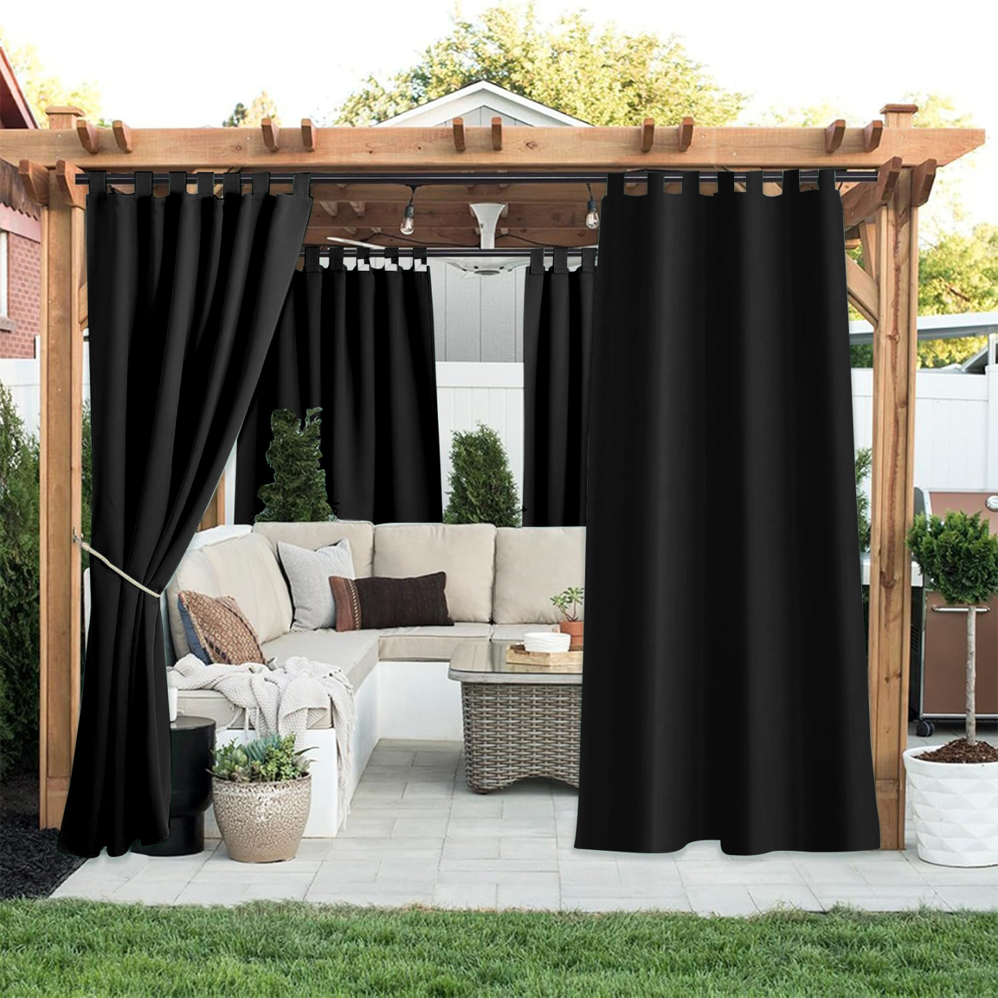 Beans Lands Waterproof Outdoor Curtains For Patio Black Velcro Tab Top