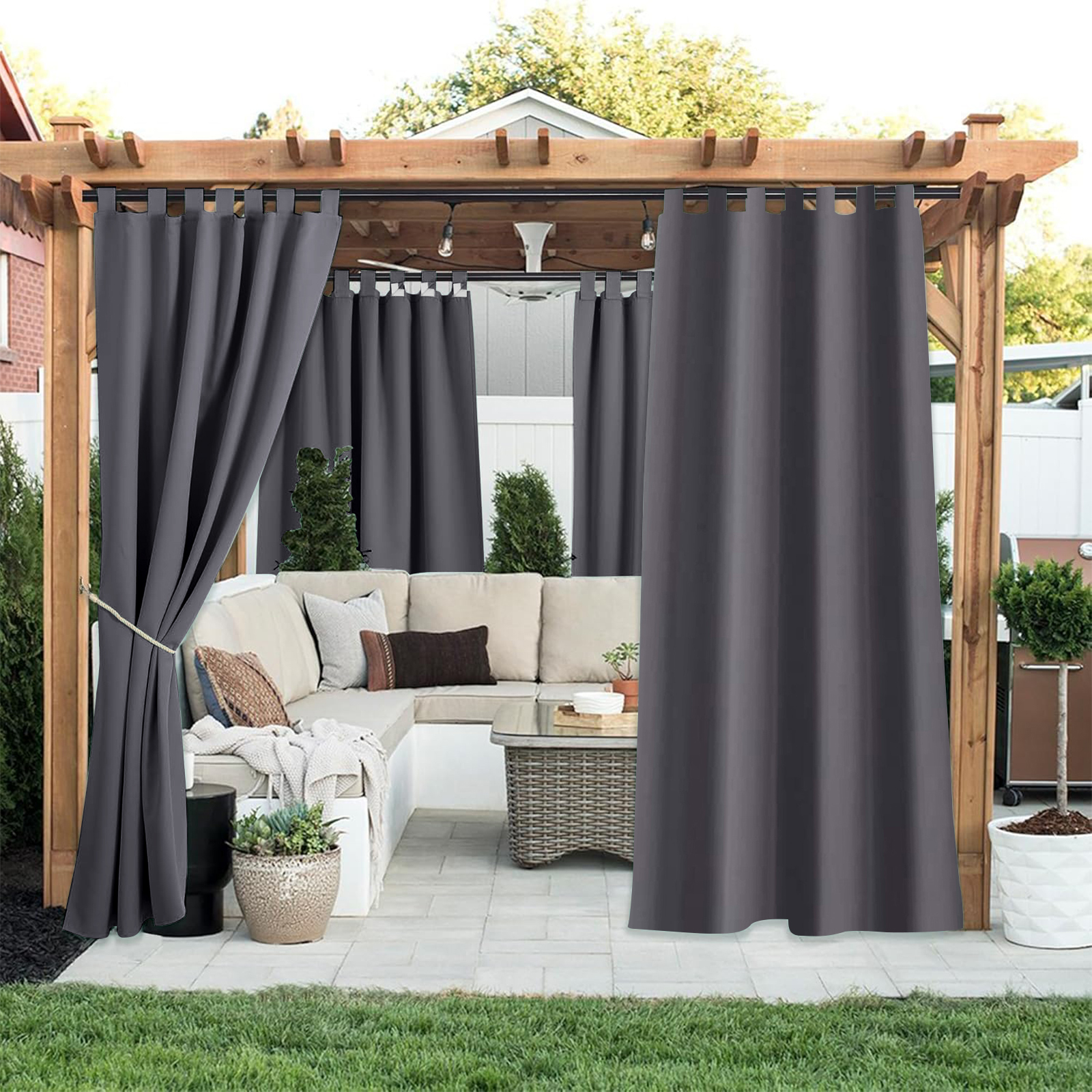 Beans Lands Waterproof Outdoor Curtains For Patio Grey Velcro Tab Top 