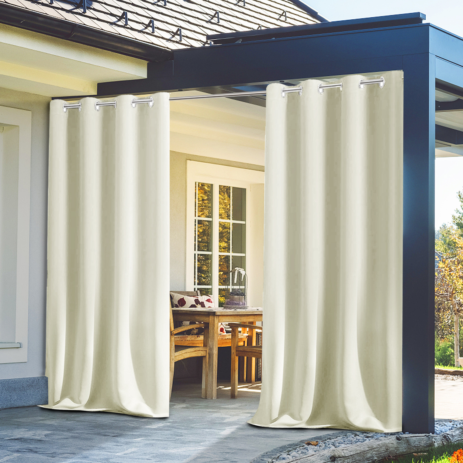 Beans Lands Waterproof Outdoor Curtains For Patio Beige Grommet Top Customizable Size 1 Panel