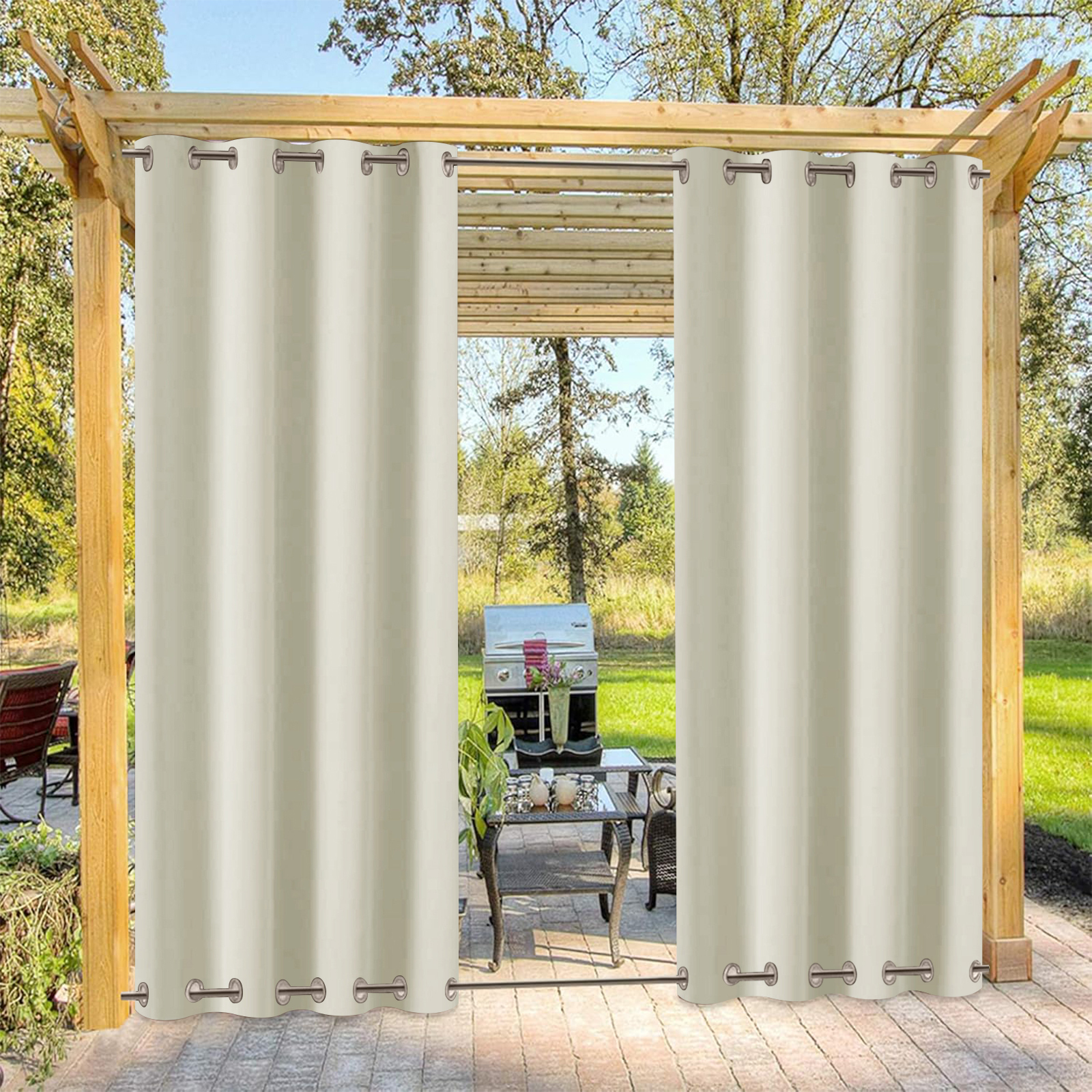 Beans Lands Waterproof Outdoor Curtains For Patio Beige Grommet Top & 