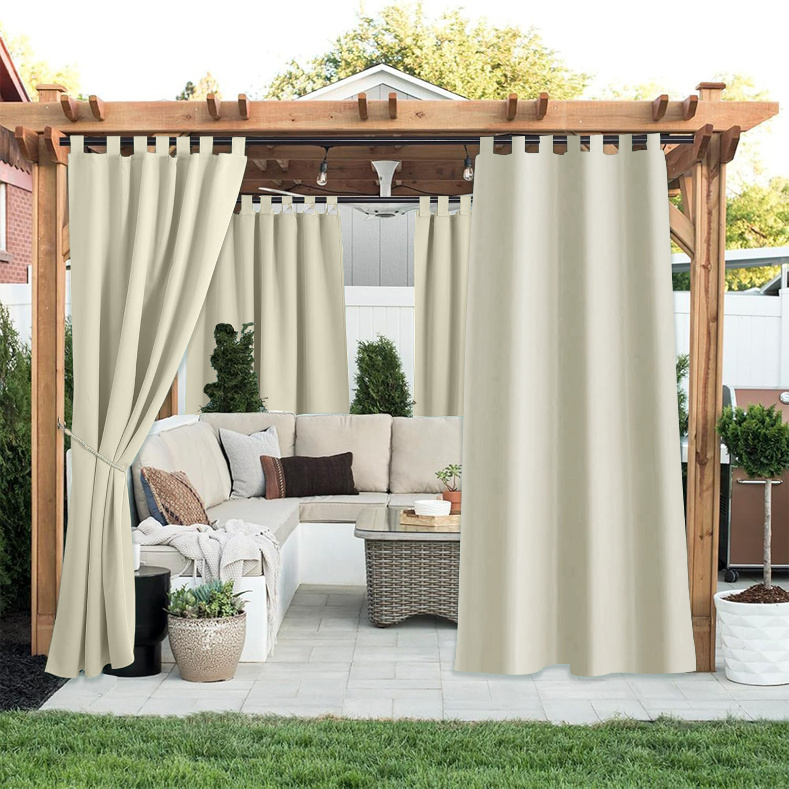 Beans Lands Waterproof Outdoor Curtains For Patio Beige Velcro Tab Top Customizable Size 1 Panel