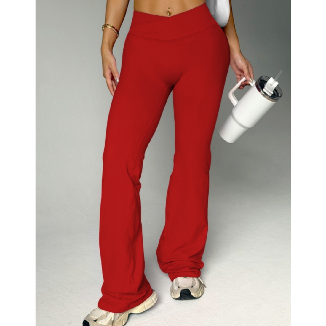 TKITK Women's Seamless Yoga Leggings V-Crossover Waist Wide-Leg Workout Pants Scrunch Flare Design for Gym Fitness