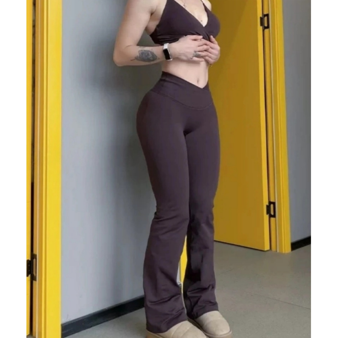 TKITK Women's Seamless Yoga Leggings V-Crossover Waist Wide-Leg Workout Pants Scrunch Flare Design for Gym Fitness