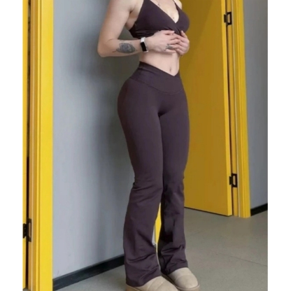 TKITK Women's Seamless Yoga Leggings V-Crossover Waist Wide-Leg Workout Pants Scrunch Flare Design for Gym Fitness