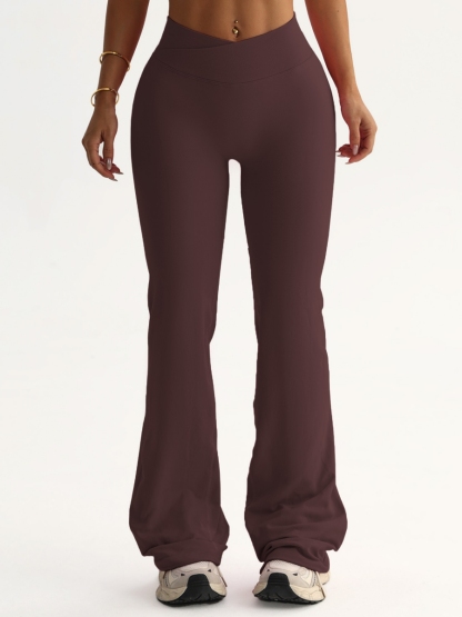 TKITK Women's Seamless Yoga Leggings V-Crossover Waist Wide-Leg Workout Pants Scrunch Flare Design for Gym Fitness