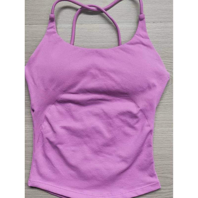 TKITK Women High-Stretch Crisscross Back Strap Long Tank Top 3-Layer Padded Built-in Bra Seamless Yoga Fitness Top
