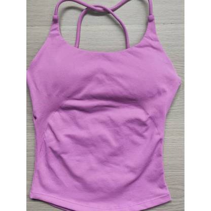 TKITK Women High-Stretch Crisscross Back Strap Long Tank Top 3-Layer Padded Built-in Bra Seamless Yoga Fitness Top