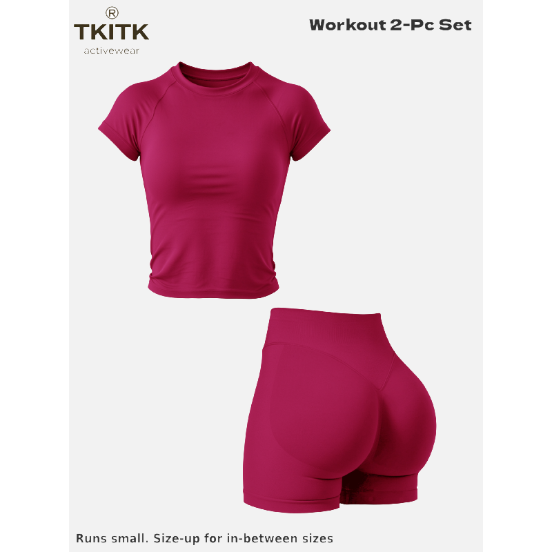 Tkitk 2 Piece Set, Sporty T-Shirt + Gym Shorts, ClassicFitness, Yoga & Workout Gear, Ideal for Running, Cycling,Daily Wear