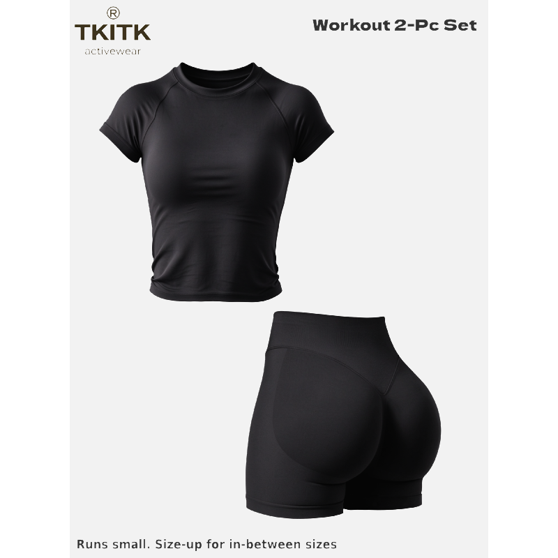 Tkitk 2 Piece Set, Sporty T-Shirt + Gym Shorts, ClassicFitness, Yoga & Workout Gear, Ideal for Running, Cycling,Daily Wear