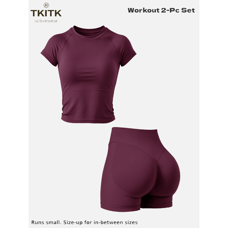 Tkitk 2 Piece Set, Sporty T-Shirt + Gym Shorts, ClassicFitness, Yoga & Workout Gear, Ideal for Running, Cycling,Daily Wear