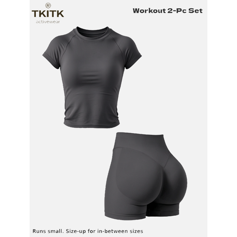 Tkitk 2 Piece Set, Sporty T-Shirt + Gym Shorts, ClassicFitness, Yoga & Workout Gear, Ideal for Running, Cycling,Daily Wear