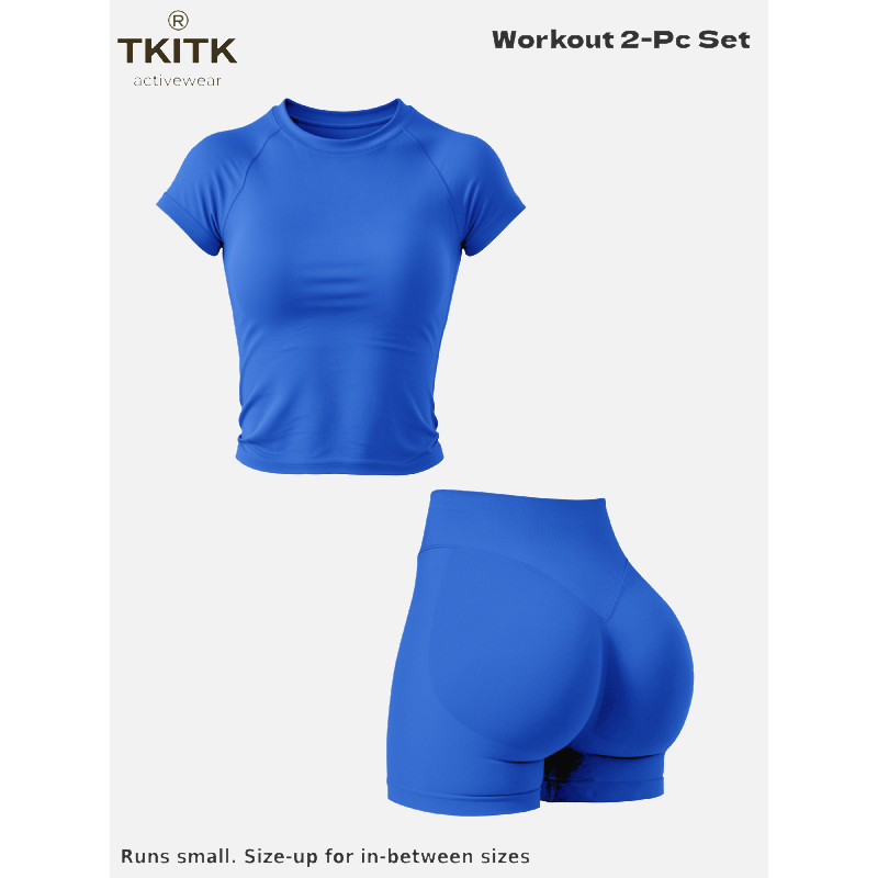 Tkitk 2 Piece Set, Sporty T-Shirt + Gym Shorts, ClassicFitness, Yoga & Workout Gear, Ideal for Running, Cycling,Daily Wear